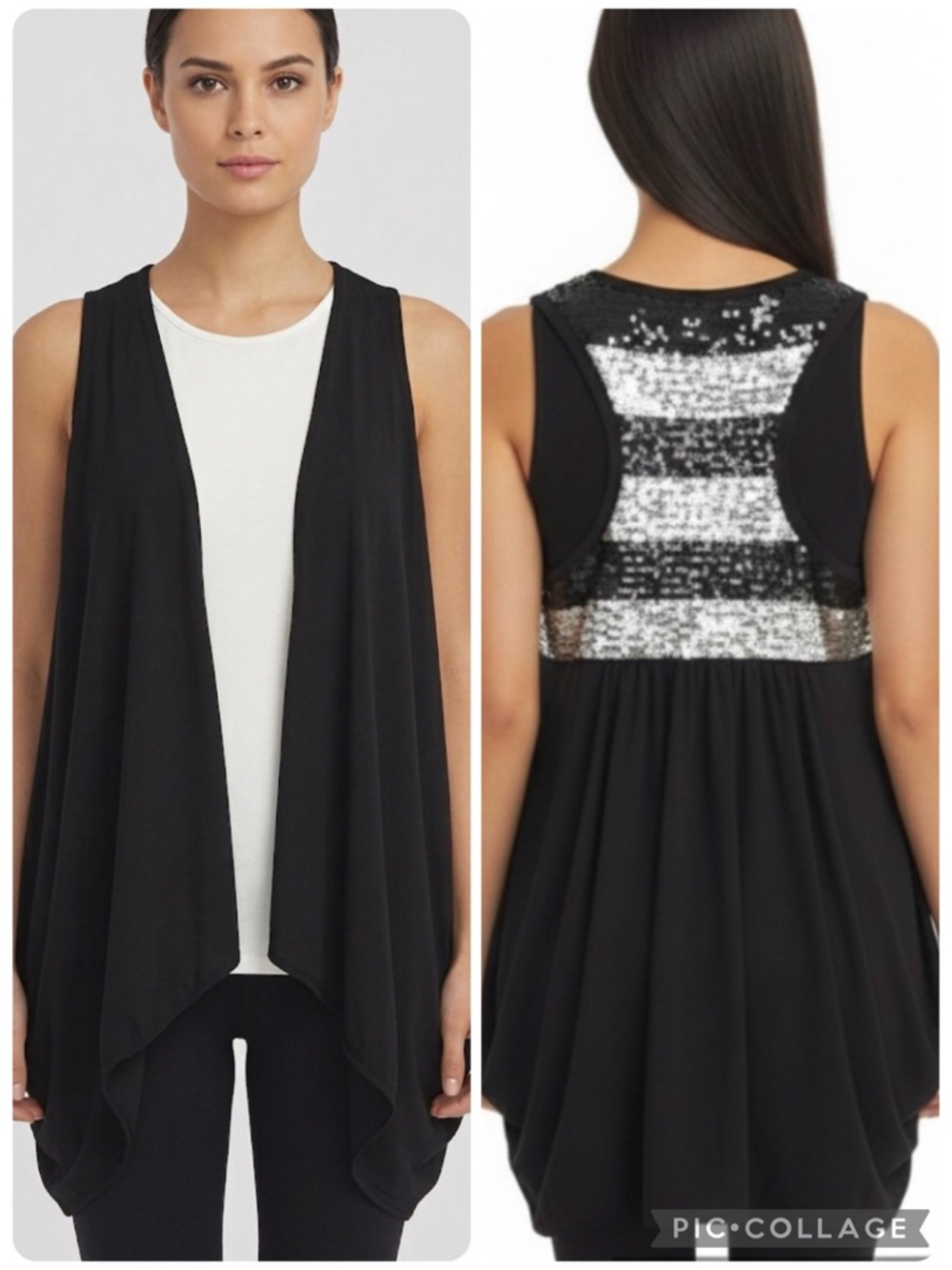 Joseph Ribkoff Black Cocoon Knit Sequin Racerback Open Front Vest 6 Party